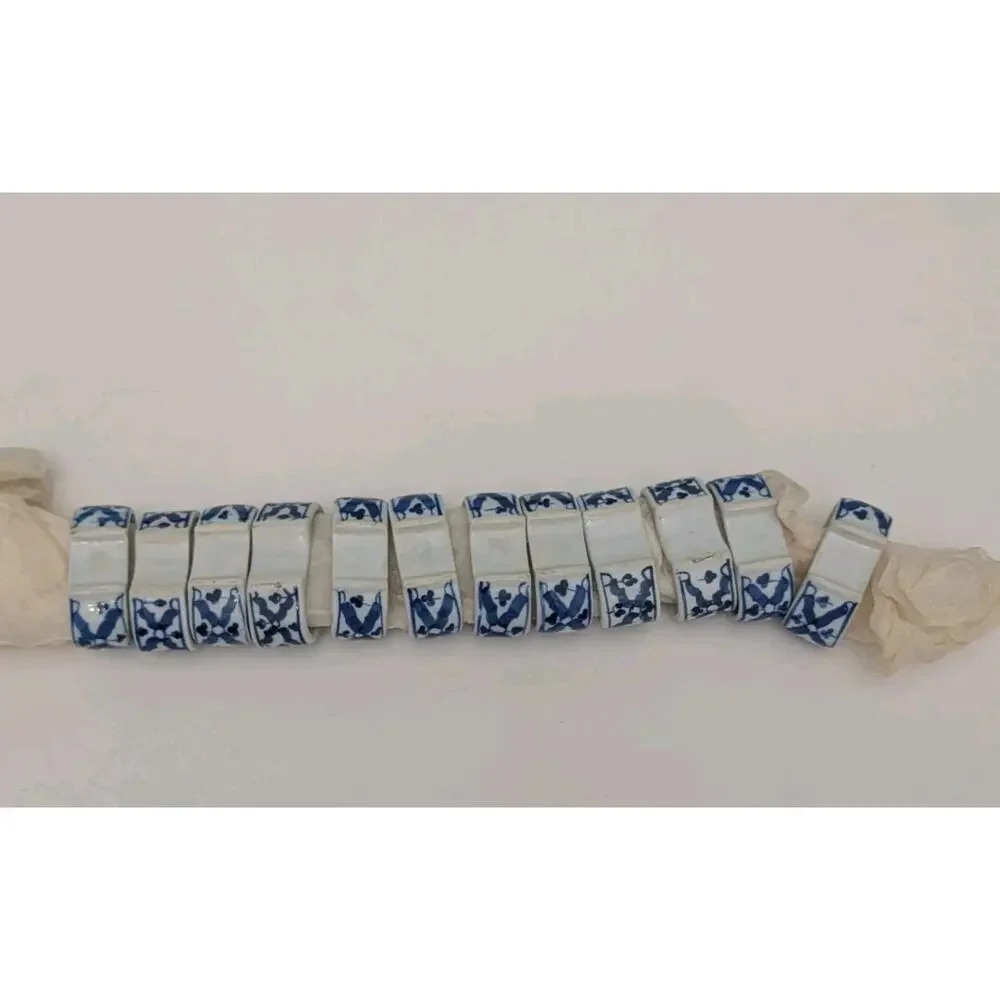Blue White Porcelain Napkin Rings Set of 12 !! Vintage Hand Painted